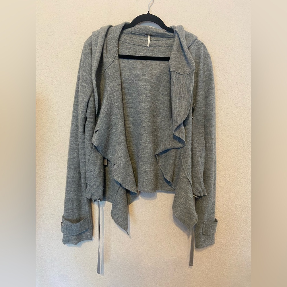 Free People Hooded Jacket Sz L Gray 100% Wool Long Sleeve Cinch Front Draped - Picture 2 of 9